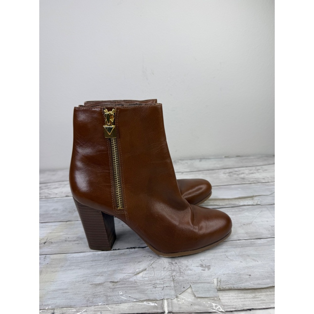 Michael Kors Brown Leather Ankle Boots Block Heel Gold Zip